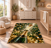 Champagne bottle pop rug in a nursery beside a crib and dresser