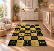 Black and gold checkered New Year rug in a nursery beside a crib and dresser