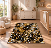Gold and black balloons rug in a nursery beside a crib and dresser