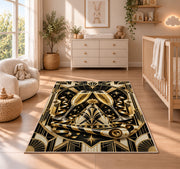Art deco champagne toast rug in a nursery beside a crib and dresser