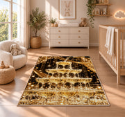 Champagne tower rug in a nursery beside a crib and dresser