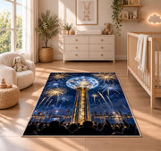 Crystal ball drop rug in a nursery beside a crib and dresser