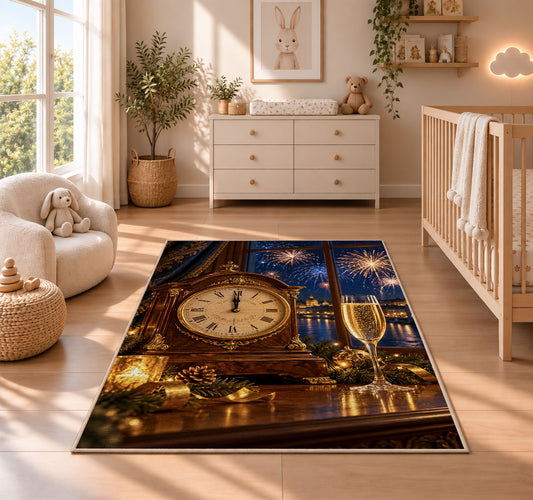 Mantel clock at midnight rug in a nursery beside a crib and dresser