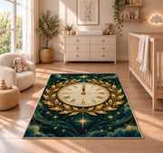 Gold laurel midnight clock rug in a nursery beside a crib and dresser
