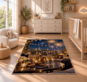 Rooftop party fireworks rug in a nursery beside a crib and dresser
