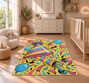 Party hat and noisemaker rug in a nursery beside a crib and dresser