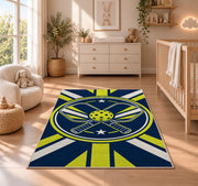 Crossed Pickleball Paddles Rug in a nursery beside a crib and dresser