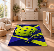 Giant Pickleball Rug in a nursery beside a crib and dresser