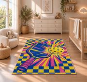 Pop Art Pickleball Rug in a nursery beside a crib and dresser
