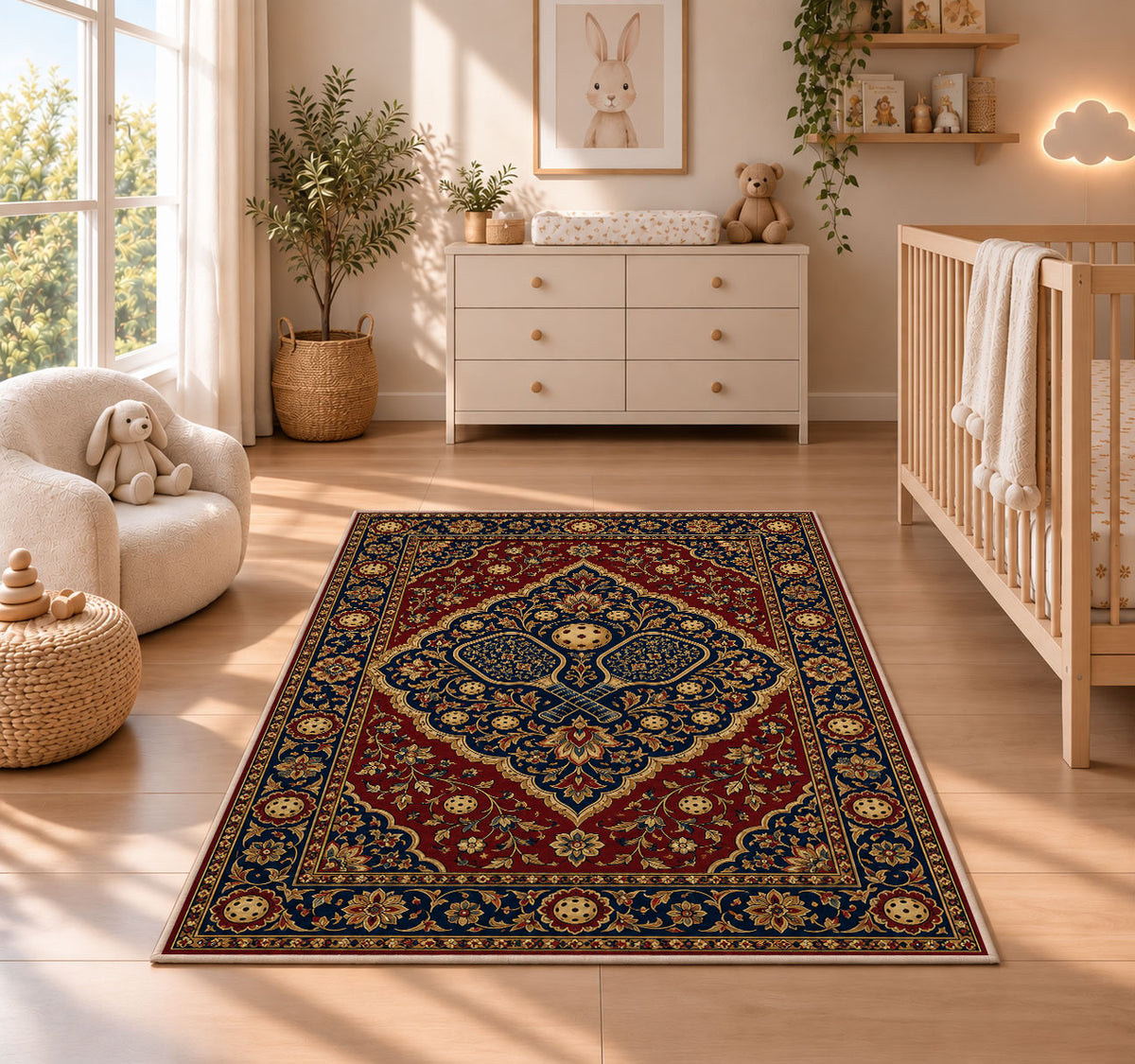 Persian Style Pickleball Rug in a nursery beside a crib and dresser
