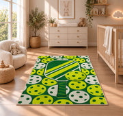Pickleball Holes Pattern Rug in a nursery beside a crib and dresser