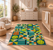 Pickleball Patchwork Rug in a nursery beside a crib and dresser