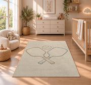 Minimalist Pickleball Line Art Rug in a nursery beside a crib and dresser