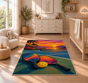 Sunset Pickleball Court Rug in a nursery beside a crib and dresser