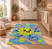 Cute Pickleball Character Rug in a nursery beside a crib and dresser