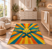 Pickleball Sunburst Rug in a nursery beside a crib and dresser