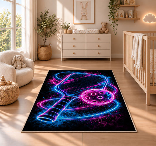 Neon Pickleball Rug in a nursery beside a crib and dresser