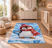 Baby Penguin Rug in a nursery beside a crib and dresser