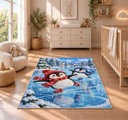 Ice Skating Penguin Rug in a nursery beside a crib and dresser