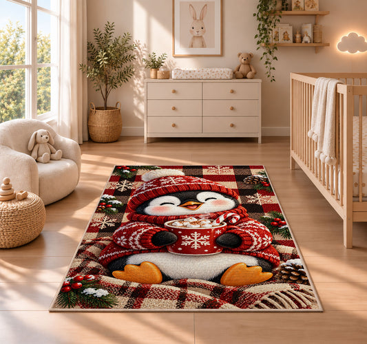 Hot Cocoa Penguin Rug in a nursery beside a crib and dresser