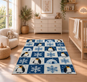 Penguin Checkered Rug in a nursery beside a crib and dresser