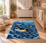 Underwater Penguin Rug in a nursery beside a crib and dresser