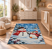 Snowman and Penguin Rug in a nursery beside a crib and dresser