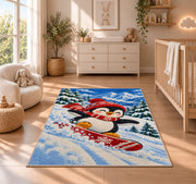 Snowboarding Penguin Rug in a nursery beside a crib and dresser