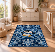 Snowflake Mandala Penguin Rug in a nursery beside a crib and dresser
