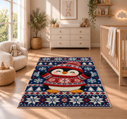 Nordic Sweater Penguin Rug in a nursery beside a crib and dresser