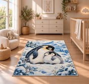 Mother and Baby Penguin Rug in a nursery beside a crib and dresser