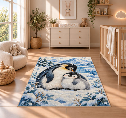 Mother and Baby Penguin Rug in a nursery beside a crib and dresser