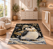 Elegant Penguin Rug in a nursery beside a crib and dresser