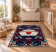 Vintage Nurse Cap Rug in a nursery beside a crib and dresser