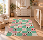 Retro Checkered Nurse Rug in a nursery beside a crib and dresser