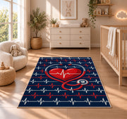 Heartbeat Stethoscope Rug in a nursery beside a crib and dresser