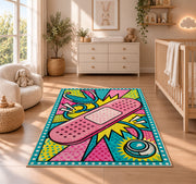 Pop Art Bandage Rug in a nursery beside a crib and dresser