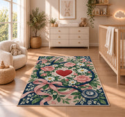 Floral Stethoscope Rug in a nursery beside a crib and dresser