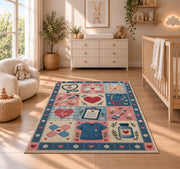 Nurse Patchwork Rug in a nursery beside a crib and dresser