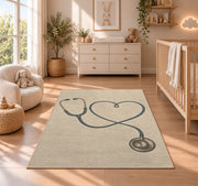 Minimalist Stethoscope Heart Rug in a nursery beside a crib and dresser