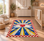 Retro Nurse Cap Sunburst Rug in a nursery beside a crib and dresser