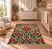 Folk Art Nurse Rug in a nursery beside a crib and dresser