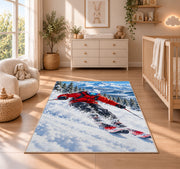 Downhill skier rug in a nursery beside a crib and dresser
