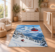 Alpine gondola rug in a nursery beside a crib and dresser
