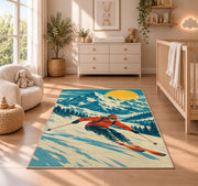 Vintage ski poster rug in a nursery beside a crib and dresser