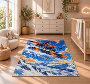 Snowboarder jump rug in a nursery beside a crib and dresser