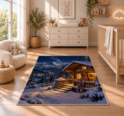 Ski cabin at night rug in a nursery beside a crib and dresser