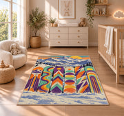 Retro snowboards rug in a nursery beside a crib and dresser