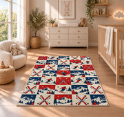 Checkered ski rug in a nursery beside a crib and dresser