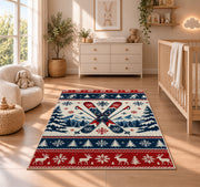 Nordic sweater skis rug in a nursery beside a crib and dresser